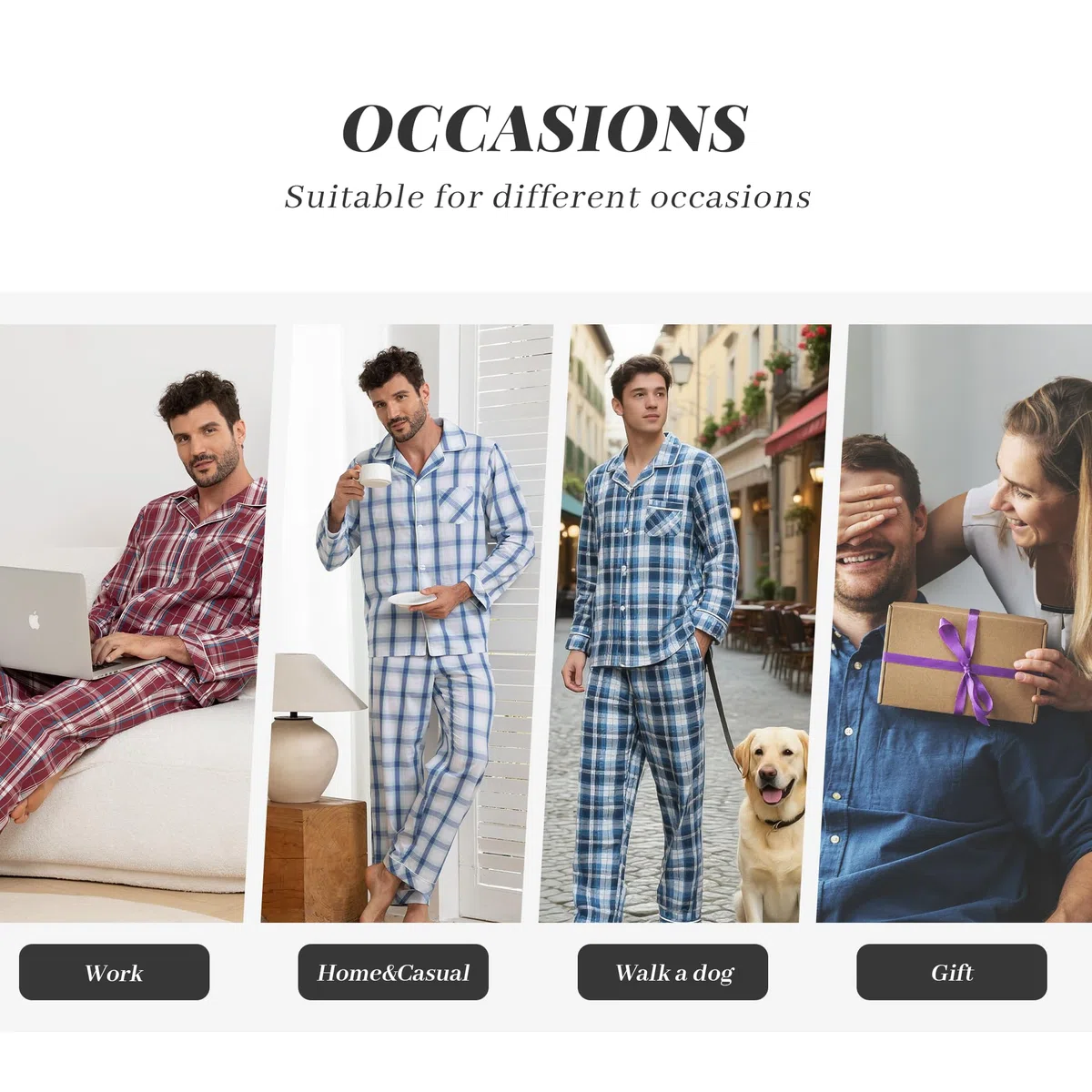 Vulcanodon Pyjama Herren 100% Baumwolle Schlafanzug lang Set kariert mit Knopfleiste weiche Nachtwäsche