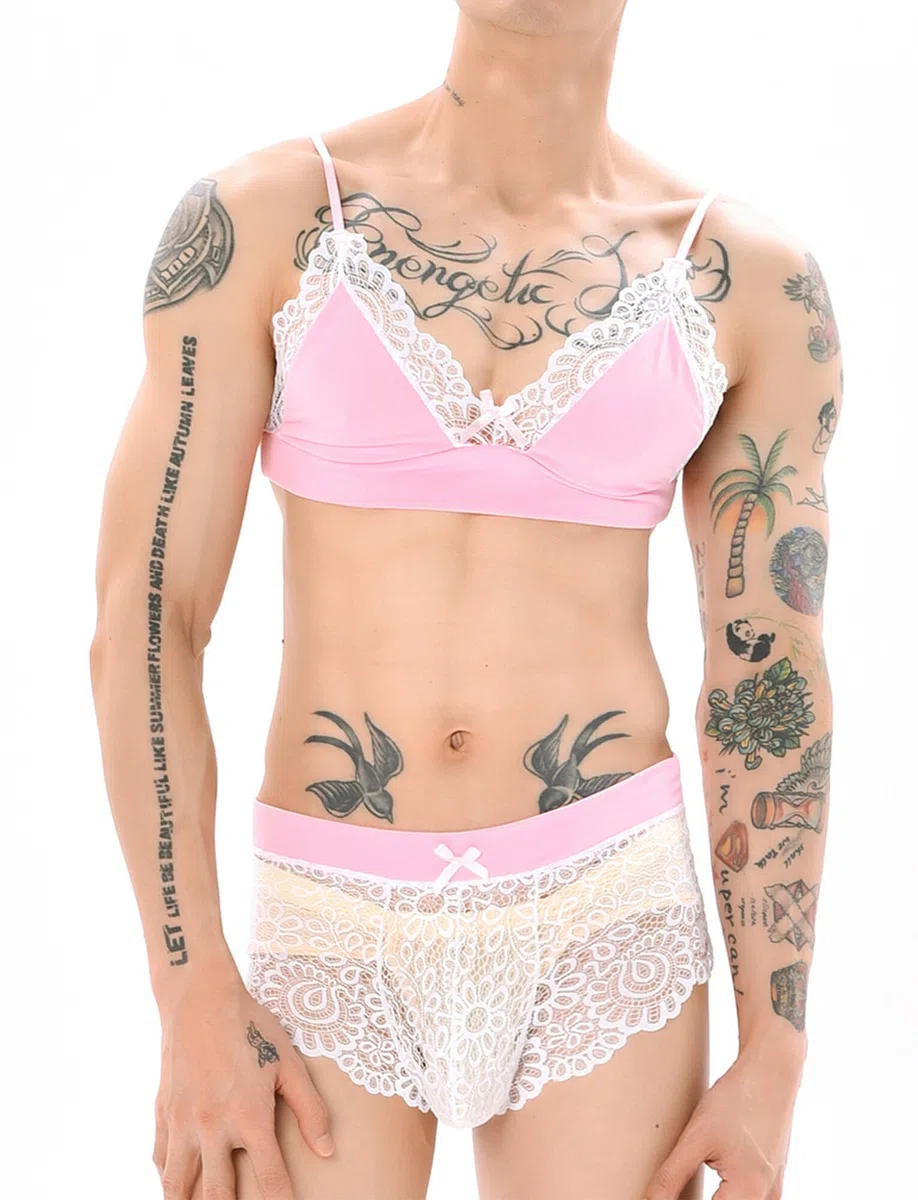 Happy Cherry Bikini Crossdressing Dessous Set für Männer Büstenhalter Unterwäsche Strümpfe Set 3 Stück
