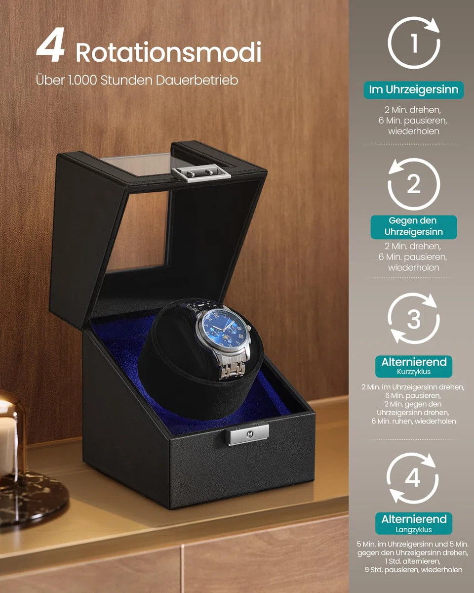 SONGMICS Uhrenbeweger, Automatik Uhrenbeweger 1 Uhr, Uhrenbox, Premium-Motor, mit LED-Licht, verstellbarem Uhrenkissen, Schloss, 4 Rotationsmodi, USB-C-Ladekabel, schwarz JWB030B01