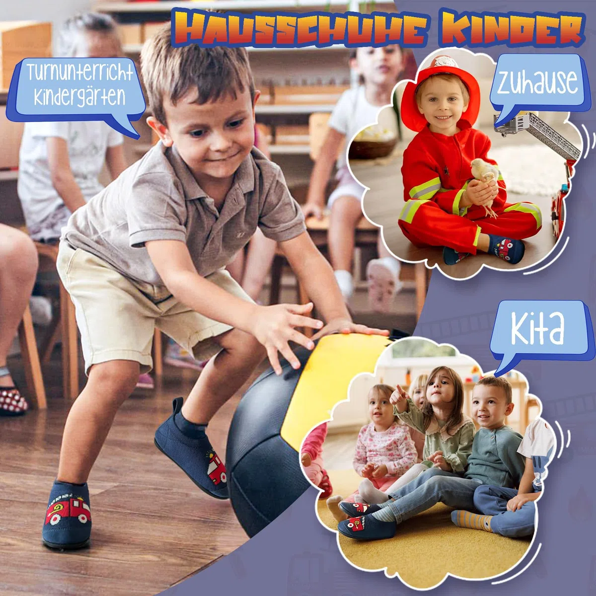 Hausschuhe Kinder Junge Komfortabel Dicken Einlegesohlen Turnschläppchen Jungen Rutschfest Pantoffeln Atmungsaktive Barfußschuhe Hüttenschuhe mit Abriebfeste Front für Kindertagesstätte Kindergarten