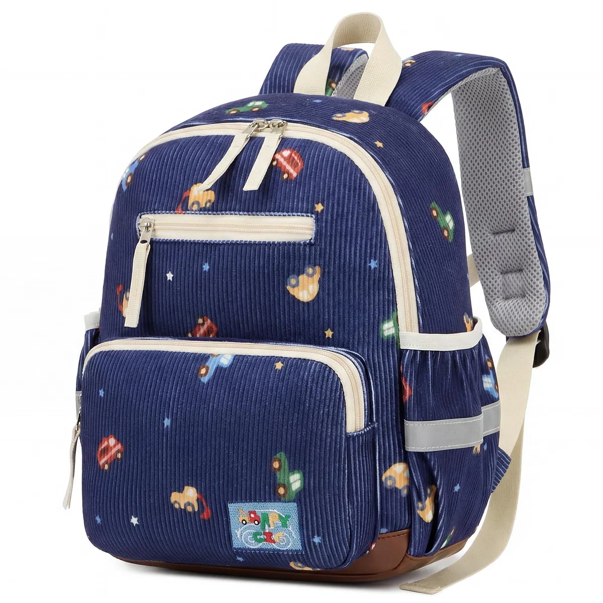 PROTAURI Kindergartenrucksack Jungen mit Brustgurt, Rucksack Kinder Reflektierend mit Abwischbarem Boden, Kita Rucksack Vintage Kordsamt Passend für DIN A4 2-6 Jahre, 9.2L, Blau Auto