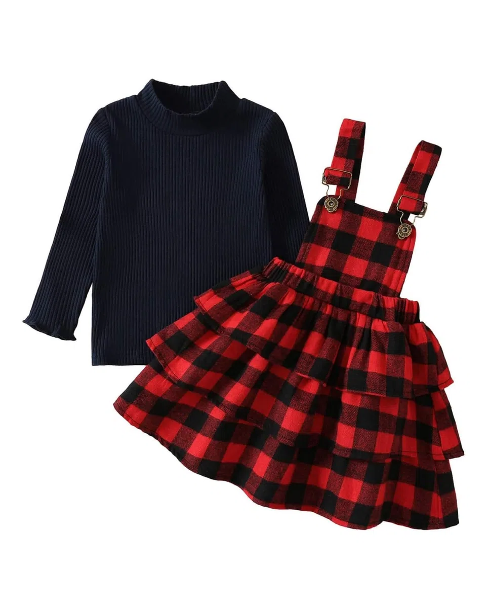 My First Christmas Outfit Baby Mädchen Weihnachtskleid für Kleinkinder Langarm Rot kariert Hosenträgerrock Set