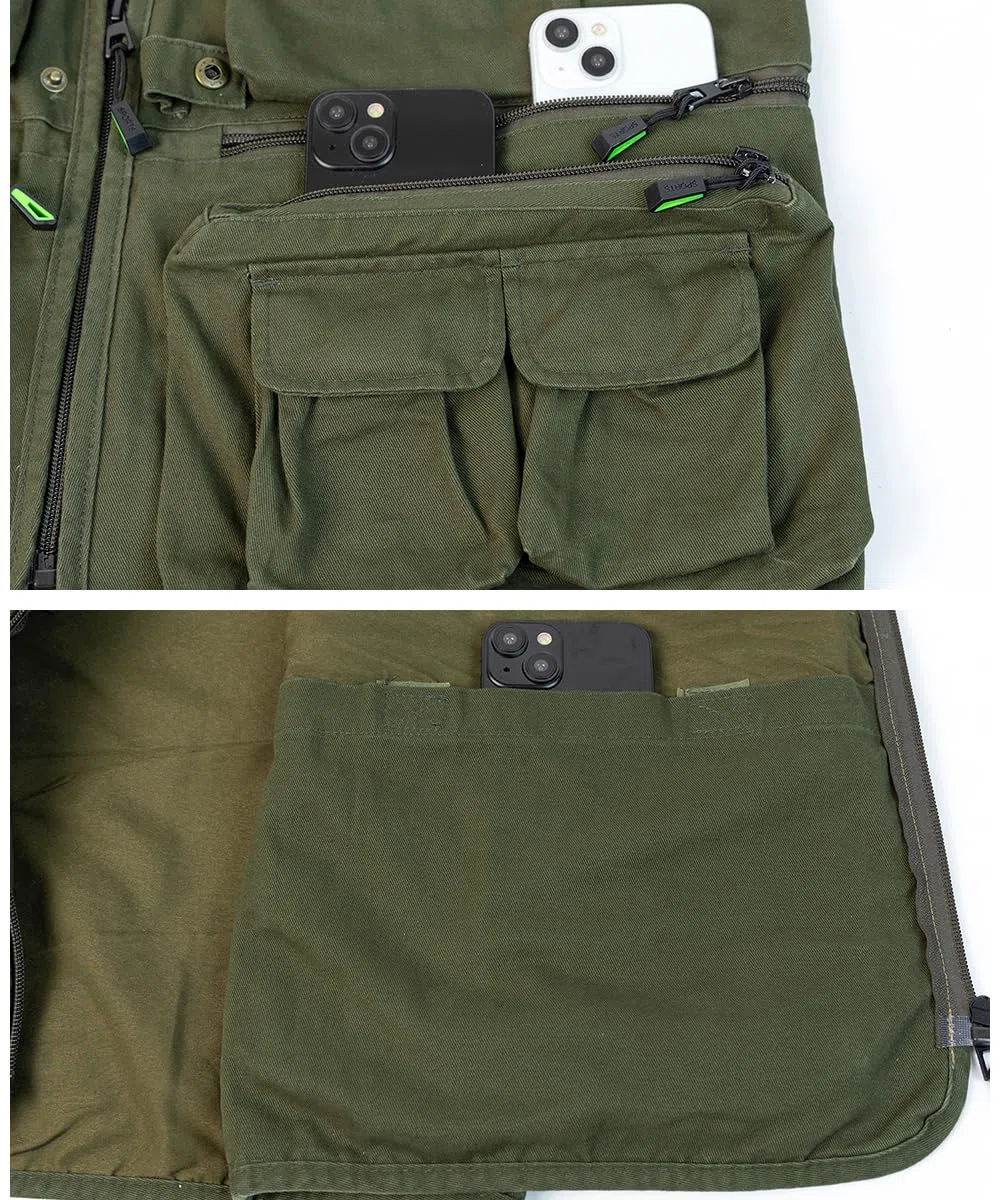 Herren Outdoor Weste mit Vielen Taschen Jagdweste Anglerweste Multifunktionsweste Arbeitsweste Baumwolle Safari Weste Fischerweste mit Reißverschluss