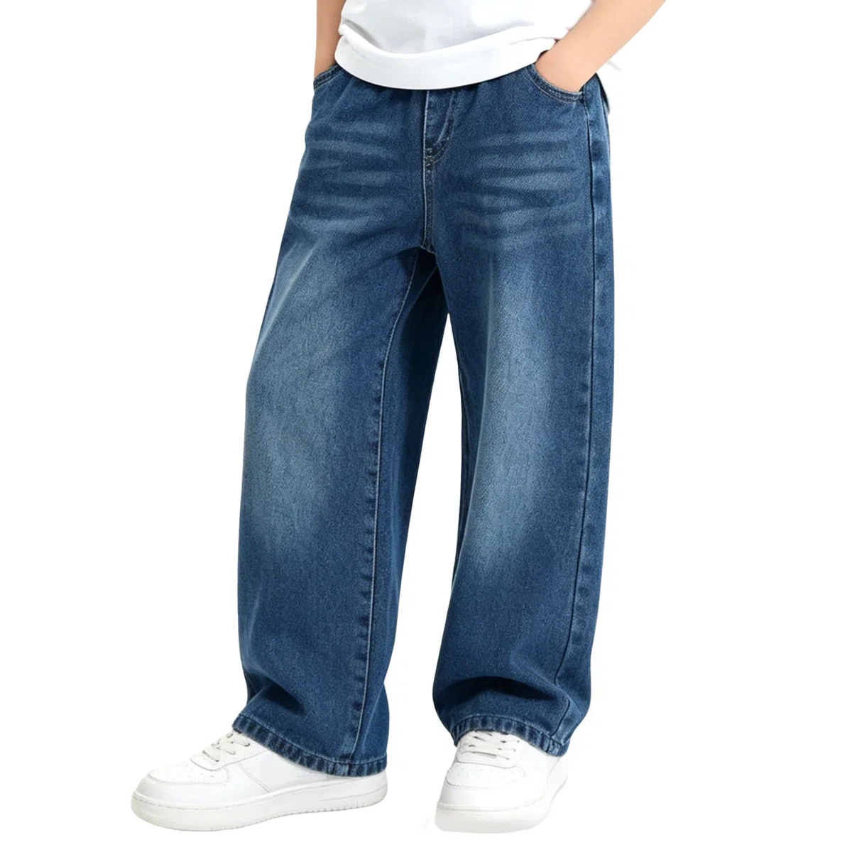Jeans Jungen Kinder Gerade Baggy Jeanshose Loose Fit Denim mit Elastischem Bund Relaxed Denimhose Lässige Blau Hosen Mode Stretch Breite Streetwear Pants für 5-14 Jahre, Gr.116-164
