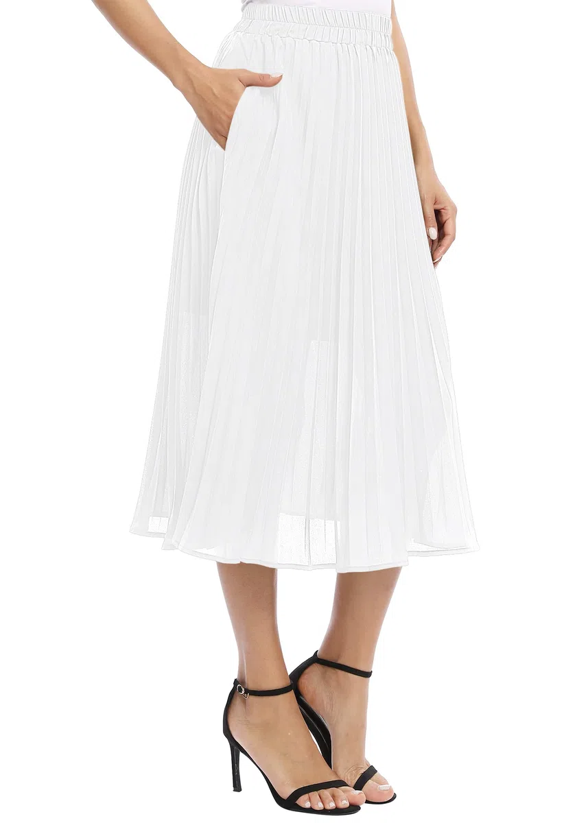 EXCHIC Damen Fließender Chiffon Elastisch Taille Midi Rock Freizeit A-Linie Knielange Falten Rock mit Tasche