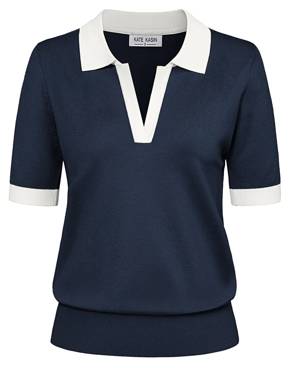 Kate Kasin Pullover Damen Kurzarm Sommer Elegant Polo Sweater Basic Oberteile Strick Tops