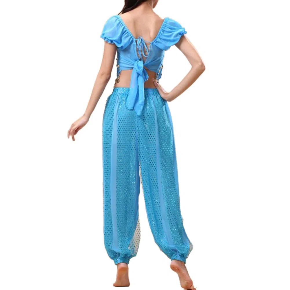Damen Bauchtanz Kostüm Sets Tanz Tanzen Top Laterne Hosen Professionel Karneval Tänzer Outfit Suit