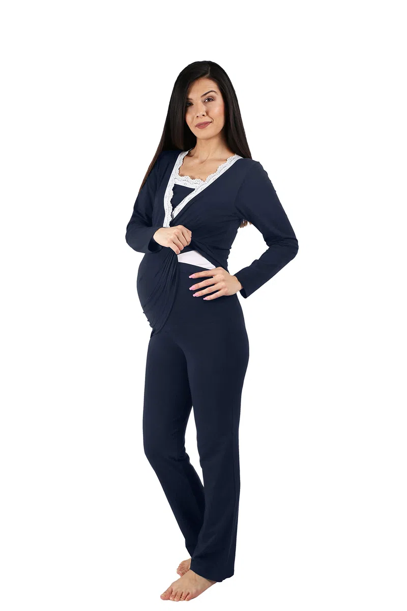 M.M.C. Still-Pyjama Set mit Spitze für Damen - Umstandspyjama Schlafanzug Nachtwäsche für Schwangerschaft und Stillzeit mit Stillfunktion, Langarm
