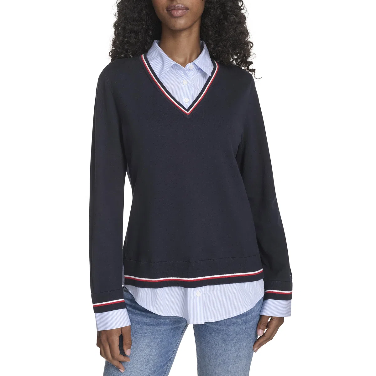 Tommy Hilfiger Damen Long Sleeve Button Up Collared Twofer Sweater Pullover (1er Pack)