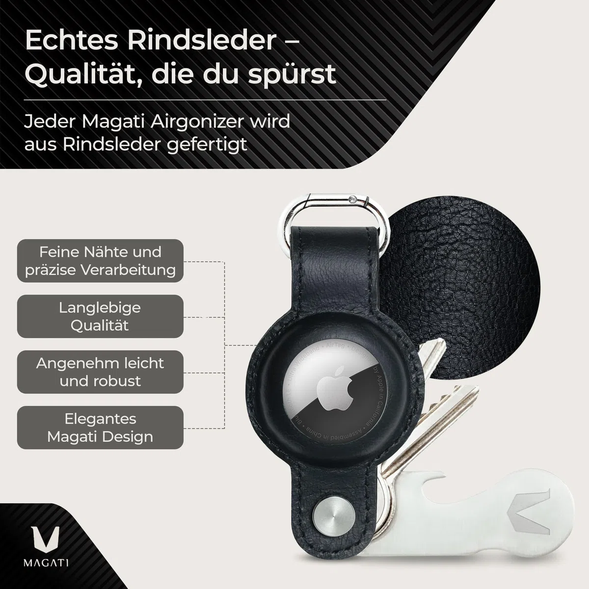 MAGATI Airgonizer (Schwarz) – Schlüssel Organizer mit AirTag Schlüsselanhänger aus hochwertigem Leder & Multitool – Kompatibel mit Apple Airtag 1 & 2 – 1 Jahr Code24 Fundservice inklusive