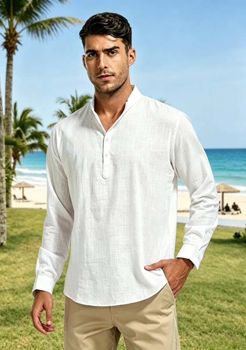 Cegerne Leinenhemd Herren Hemd Langarm Sommerhemd Freizeithemd Casual Henley Shirts für Urlaub Strand
