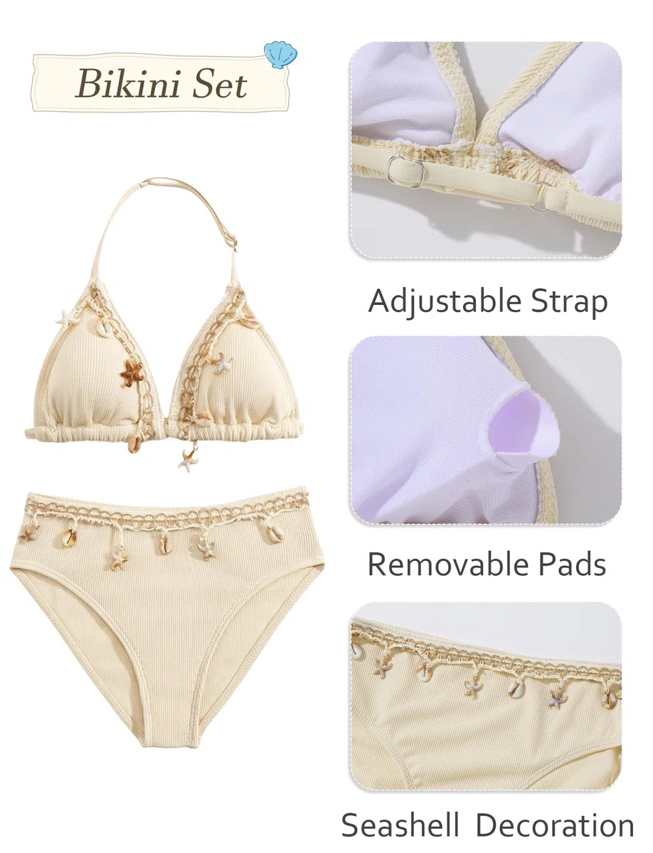 SEAUR Mädchen Bikini Set 3 Teilig Kinder Neckholder Badeanzug mit Rock Modisch Muschel-Deko Bademode Gepolstert Badebekleidung 8-12 Jahre