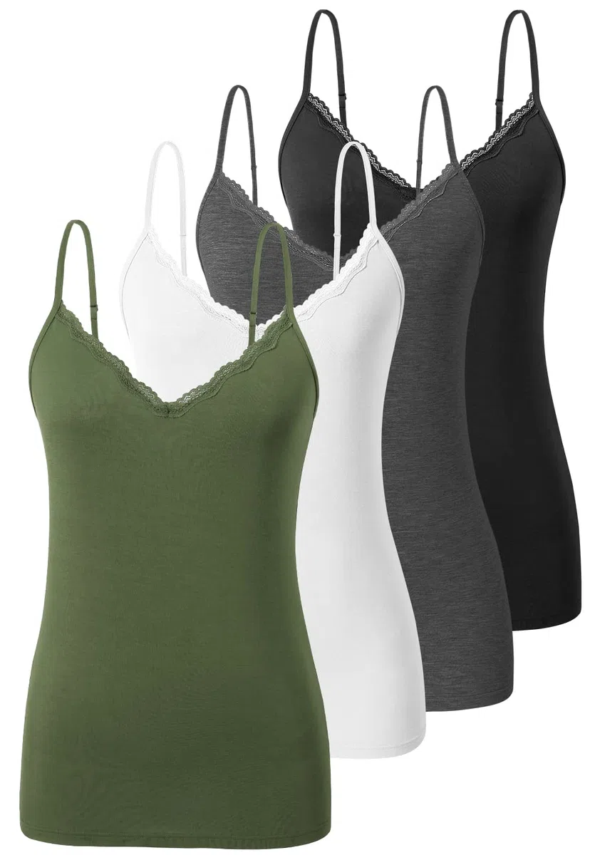 Ymmchy Damen Tanktop mit Spitzen Unterhemd Spaghettiträger Basic Top V-Ausschnitt Verstellbare Trägertop 4er Pack