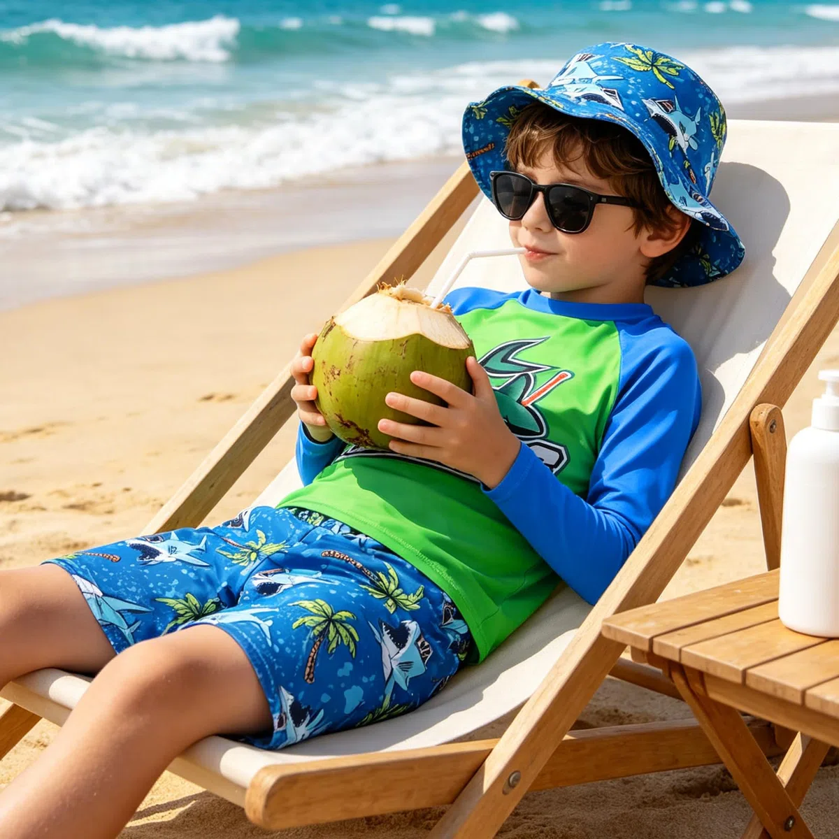 Jungen Schwimmanzug 3 Teil Set UV Langarm Kinder Rash Guard Badehose mit Sonnenhut Haifisch Muster Badeanzug für Jungen 4-12 Jahre