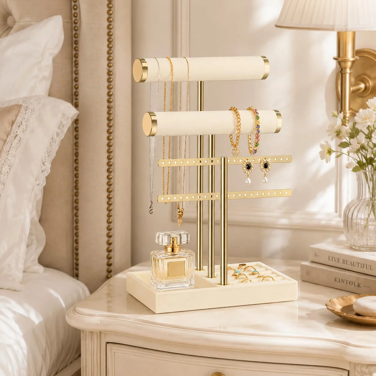 Josmimic Schmuck Organizer mit 3 Ebenen - Beige Schmuckständer Armbänder, Abnehmbarer T-Steg Schmuck Ständer, Samt-Armbandhalter, Schmuckhalter für Armband, Halskette, Uhren, Ringe