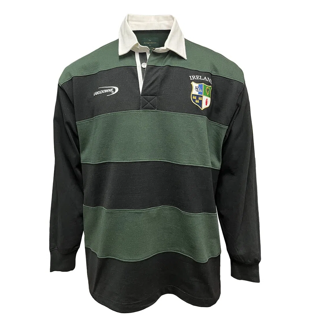 Lansdowne Four Provinces Irland Rugby Shirt, Bestickt, Grün-schwarz gestreiftes Langarm Rugby Polo