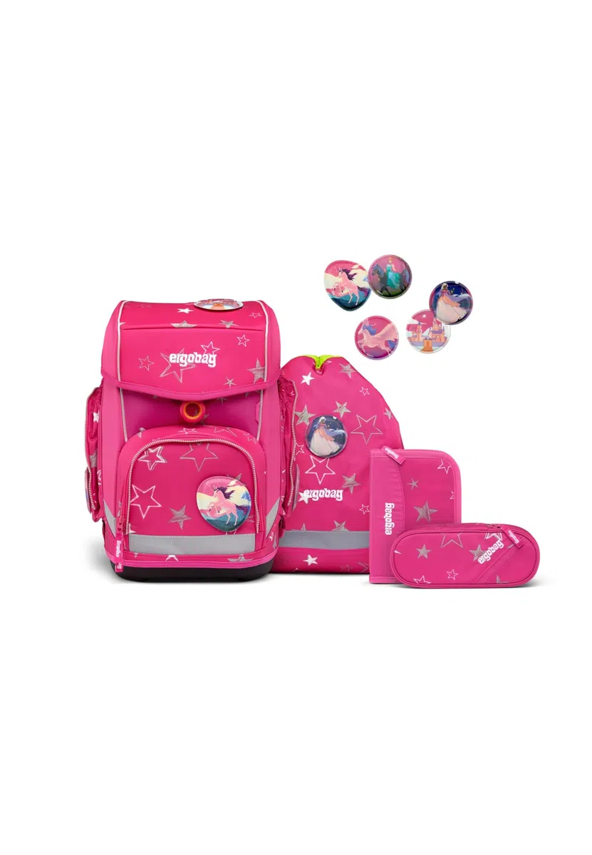 ergobag Schulranzen-Set cubo Set SternzauBär - Pink | Klassischer ergonomischer Schulranzen aus der Vorgänger-Kollektion im 5-teiligen Set für die 1. Klasse der Grundschule