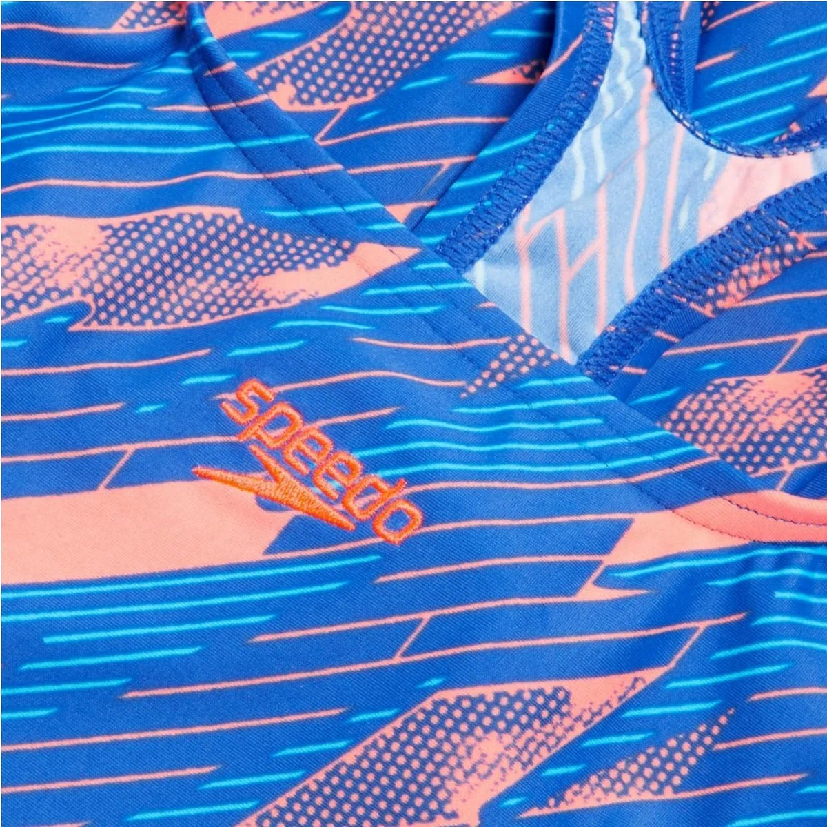 Speedo Hyperboom Allover Medalist Badeanzug Chlorbeständig Schnelltrocknend für Mädchen, Sirenenrot/Echtes Kobaltblau/Picton-Blau, 9-10 Jahre