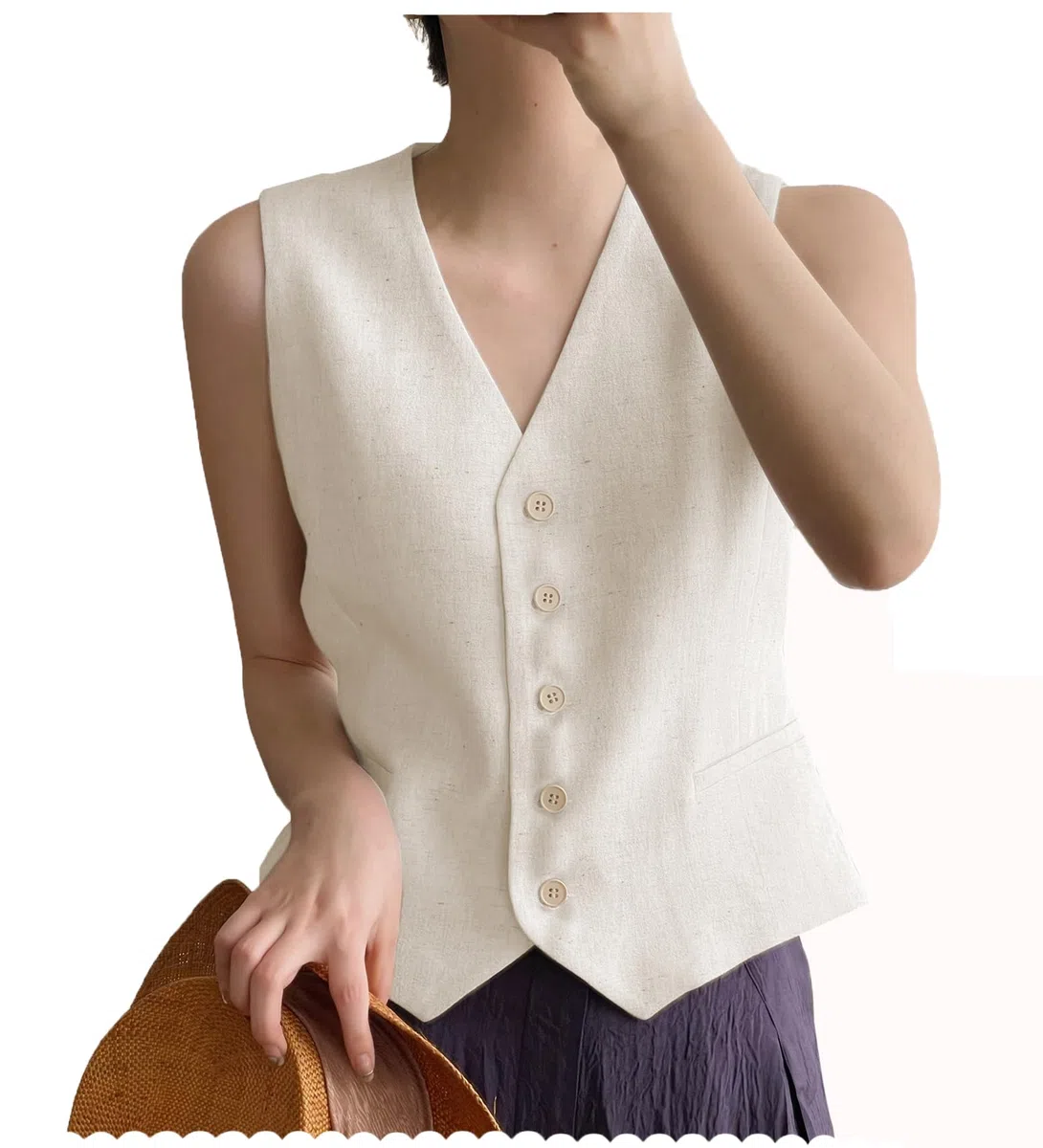 Damen Leinenweste Anzug Weste V-Ausschnitt Einreihig Elegant Weste Business Outfits Top