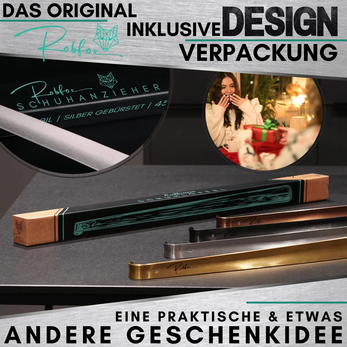 Robfox 70cm Schuhlöffel I extra stabiler Schuhanzieher aus gebürstetem Stahl I lange Schuhanziehhilfe I Rückenschonender Schuh Löffel in Premium Qualität (Silber)