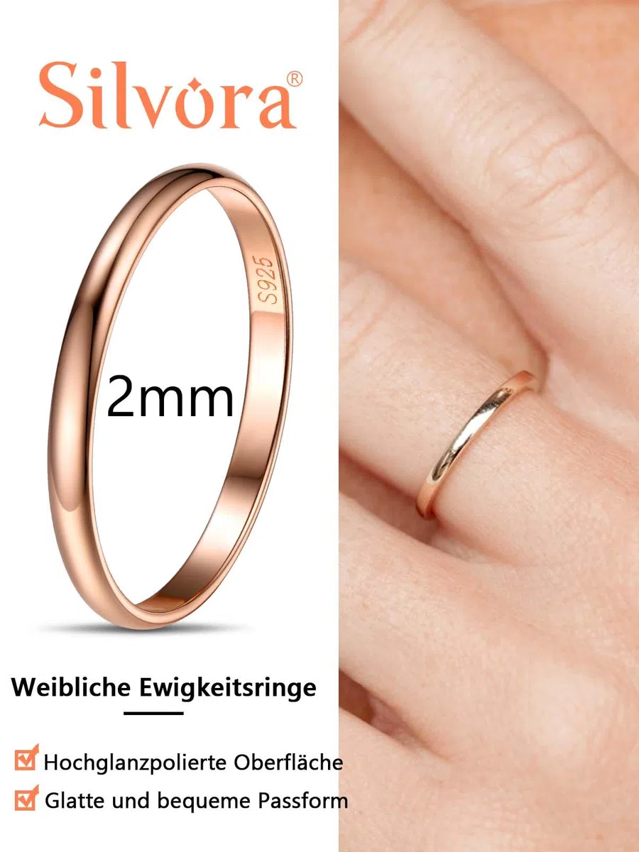 Silvora 925 Silber Damen Ring 2mm/3mm/5mm breit Personalisierter Fingerring mit Gravur Schlichter Verlobungsring Ehering Hochzeitsring in Silber/Rosegold/Schwarz Ringgröße 46.8(14.8)- 67.2(21.25)