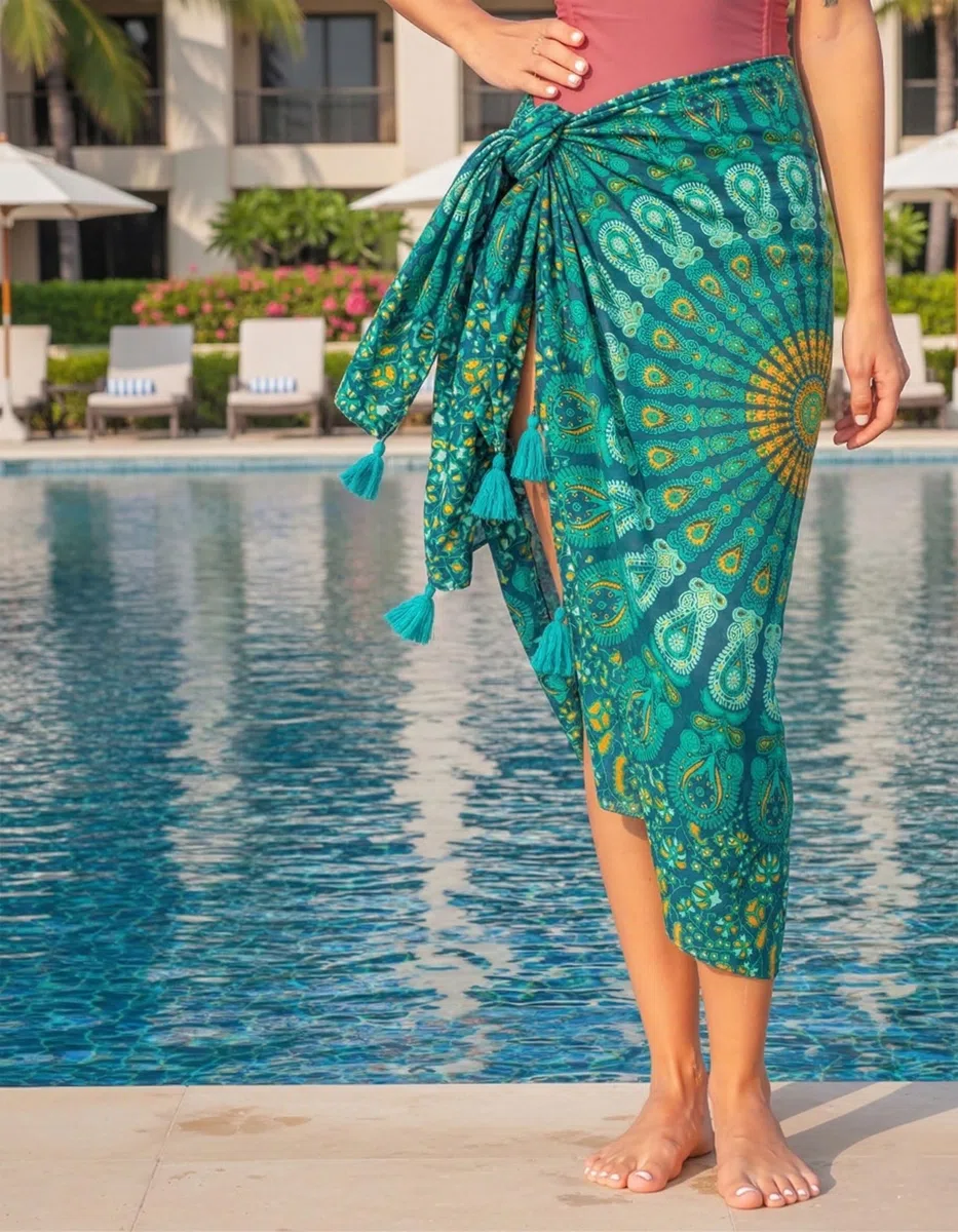 Boho Mandala Pareo Sarong Bikini Cover-Up mit Quasten – Superweiche leichte Baumwolle, Großes indisches Pfauenmuster