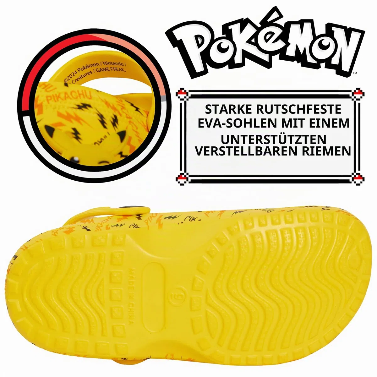 Pokémon Pikachu Clogs mit Charms, Kinder Sandalen, Jungen und Mädchen, Sommer Slipper mit Knöchelriemen, Urlaubsstrand Schuhe