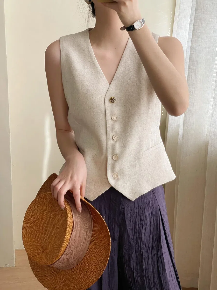 Damen Leinenweste Anzug Weste V-Ausschnitt Einreihig Elegant Weste Business Outfits Top