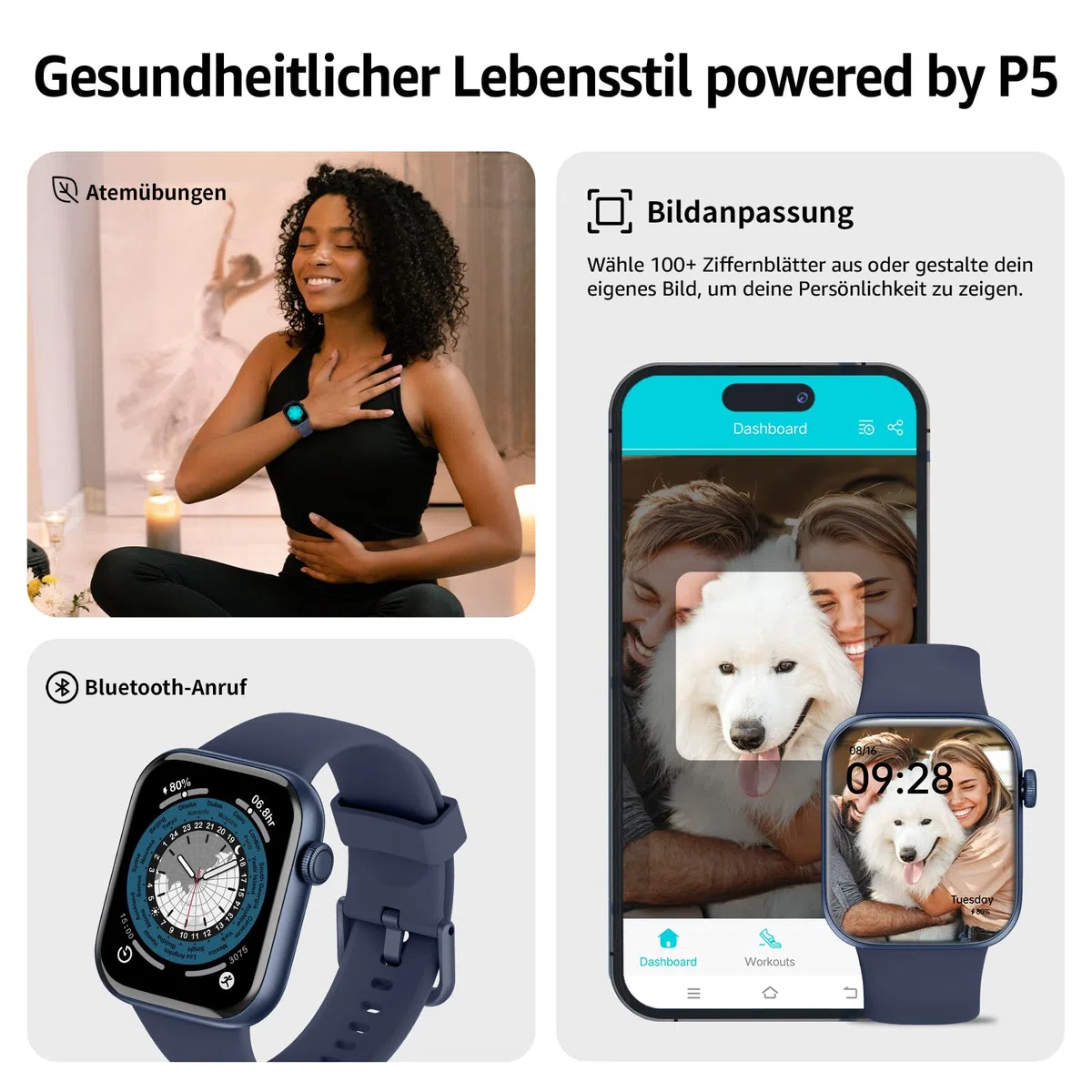 Smartwatch Damen Herren, 1,85" HD Touch Fitnessuhr mit Telefonfunktion, 140+Sportmodi Smart Watch Fitness Tracker mit Pulsmesser Schlafmonitor Schrittzähler, IP68 Wasserdicht Sportuhr Navy blue