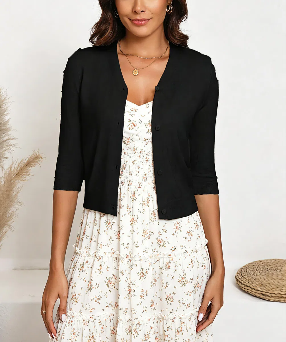 Damen Strickjacke 3/4 Arm Weiche Leichte Kurzjacke V-Ausschnitt Elegant Cardigan mit Knöpfe Basic Jacke für Alltag