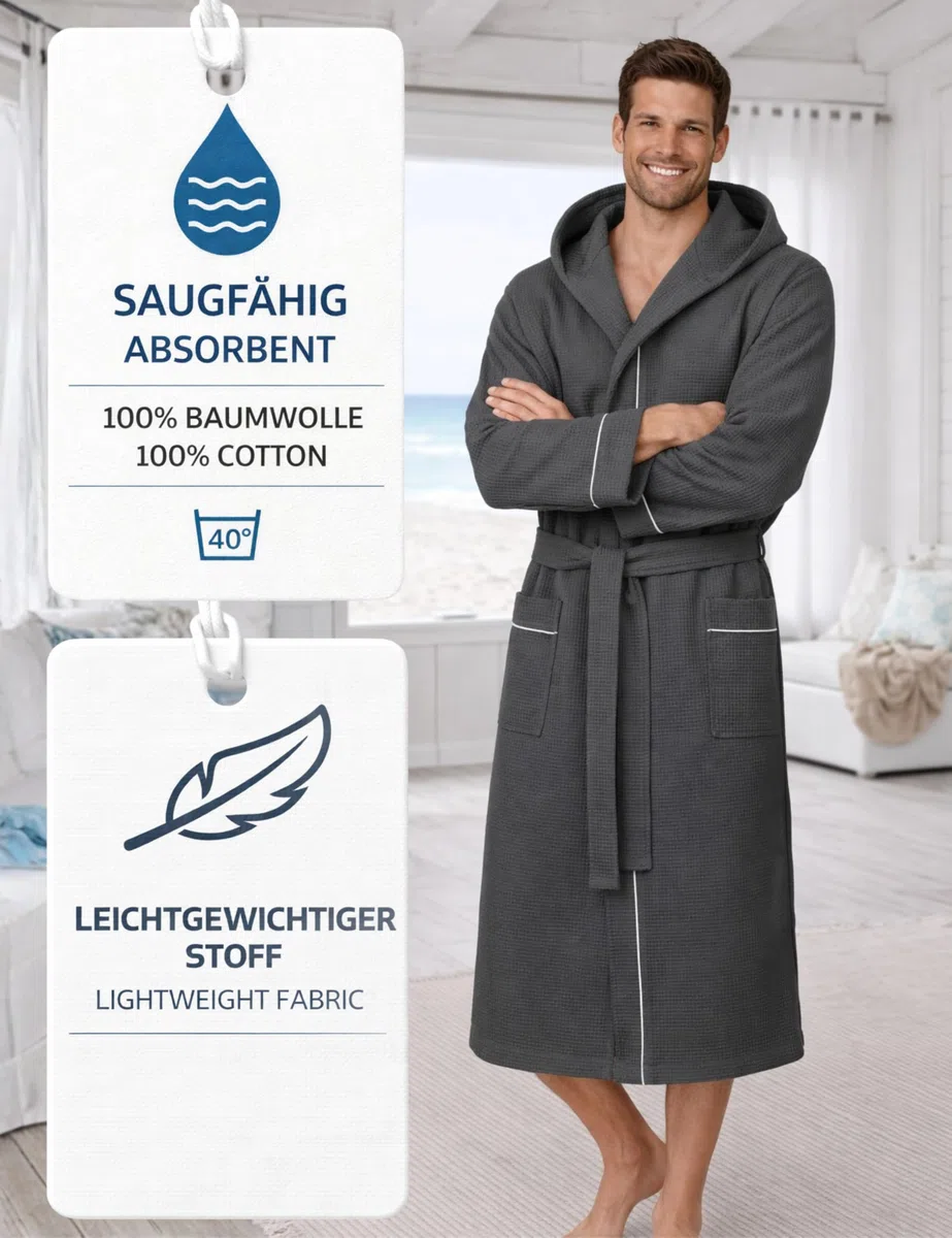 Morgenstern Bademantel Herren Leicht Waffelpique 100% Baumwolle Kapuze Lang Oeko-Tex Standard Ben
