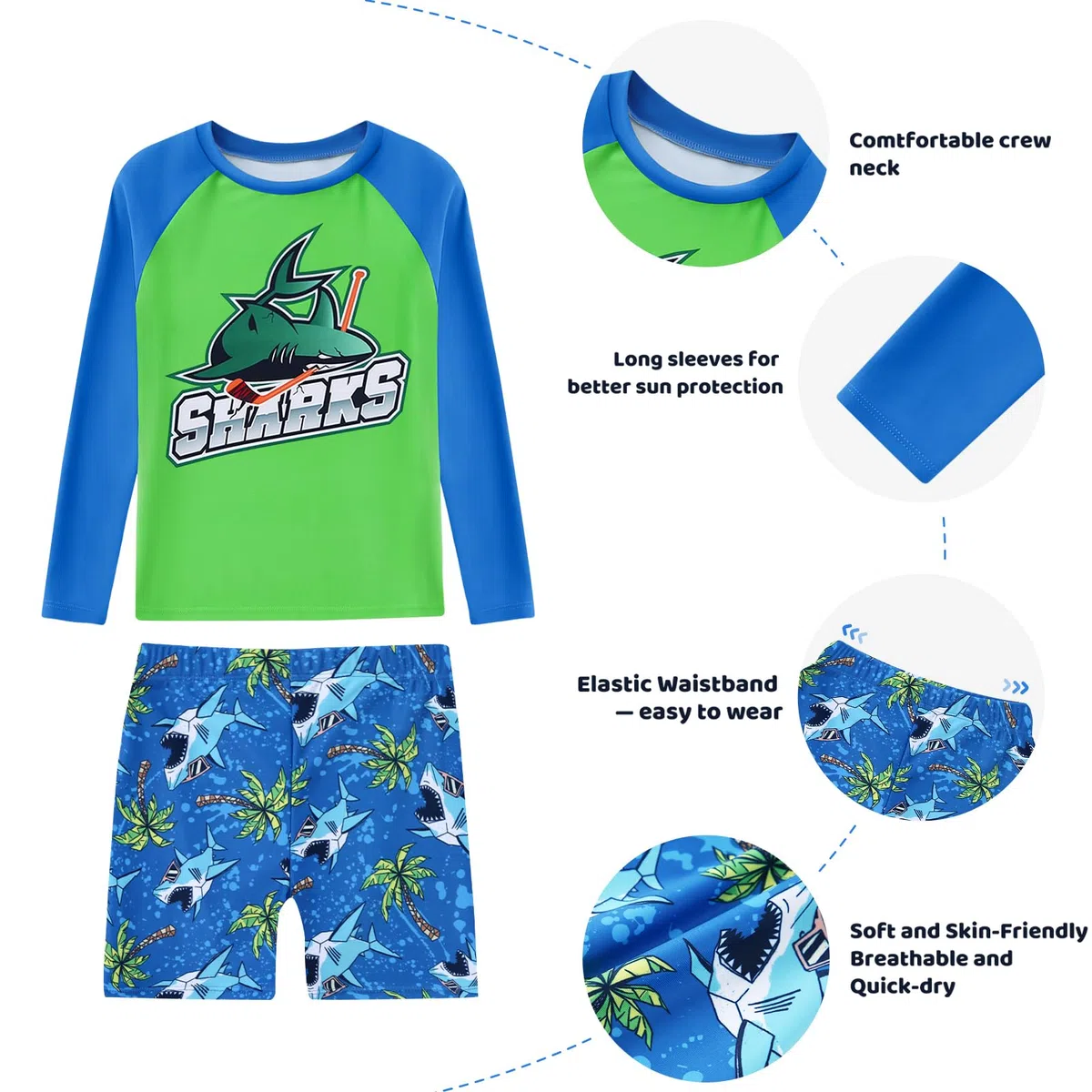 Jungen Schwimmanzug 3 Teil Set UV Langarm Kinder Rash Guard Badehose mit Sonnenhut Haifisch Muster Badeanzug für Jungen 4-12 Jahre