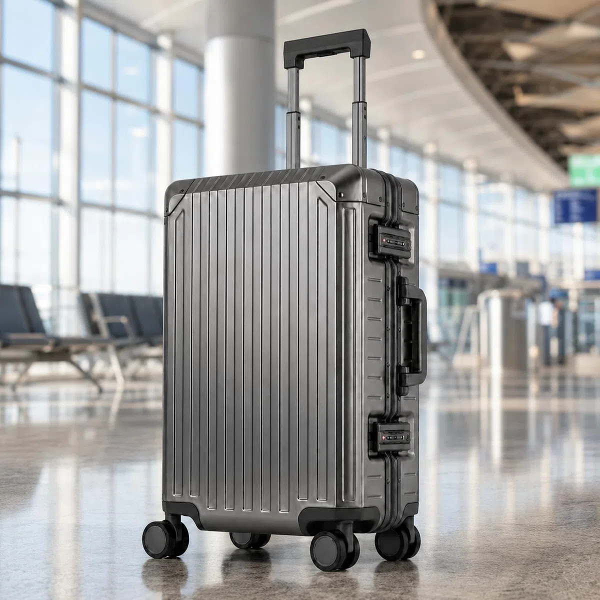 Travelhouse Koffer 100% Aluminium Reisekoffer Bordkoffer Hartschalen-Koffer Handgepäck 55cm· Teleskopgriff · 4 Silent Move Doppelrollen 2X TSA Schlösser · Grau