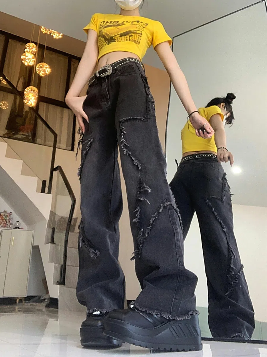 Schwarz Grau Vintage Star Jeans für Frauen Herbst Korsett Casual High Wasit Hosen für Frauen Koreanische Mode Jeans Y2k Streetwear-Schwarz-S