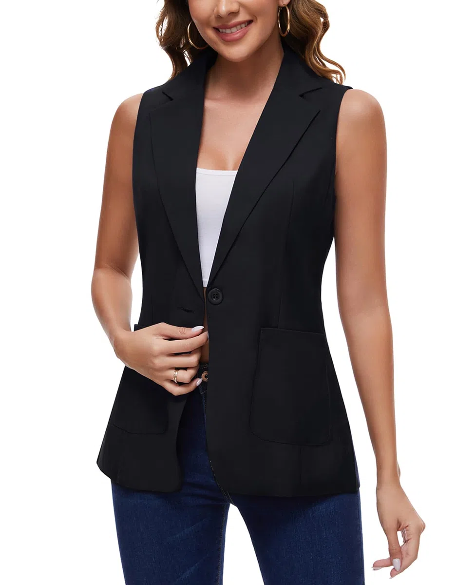 Ärmelloser Blazer für Damen, lange Büroweste, vollständig gefüttert, Ein-Knopf-Oberteil, Jacke, Weste, gekerbtes Revers