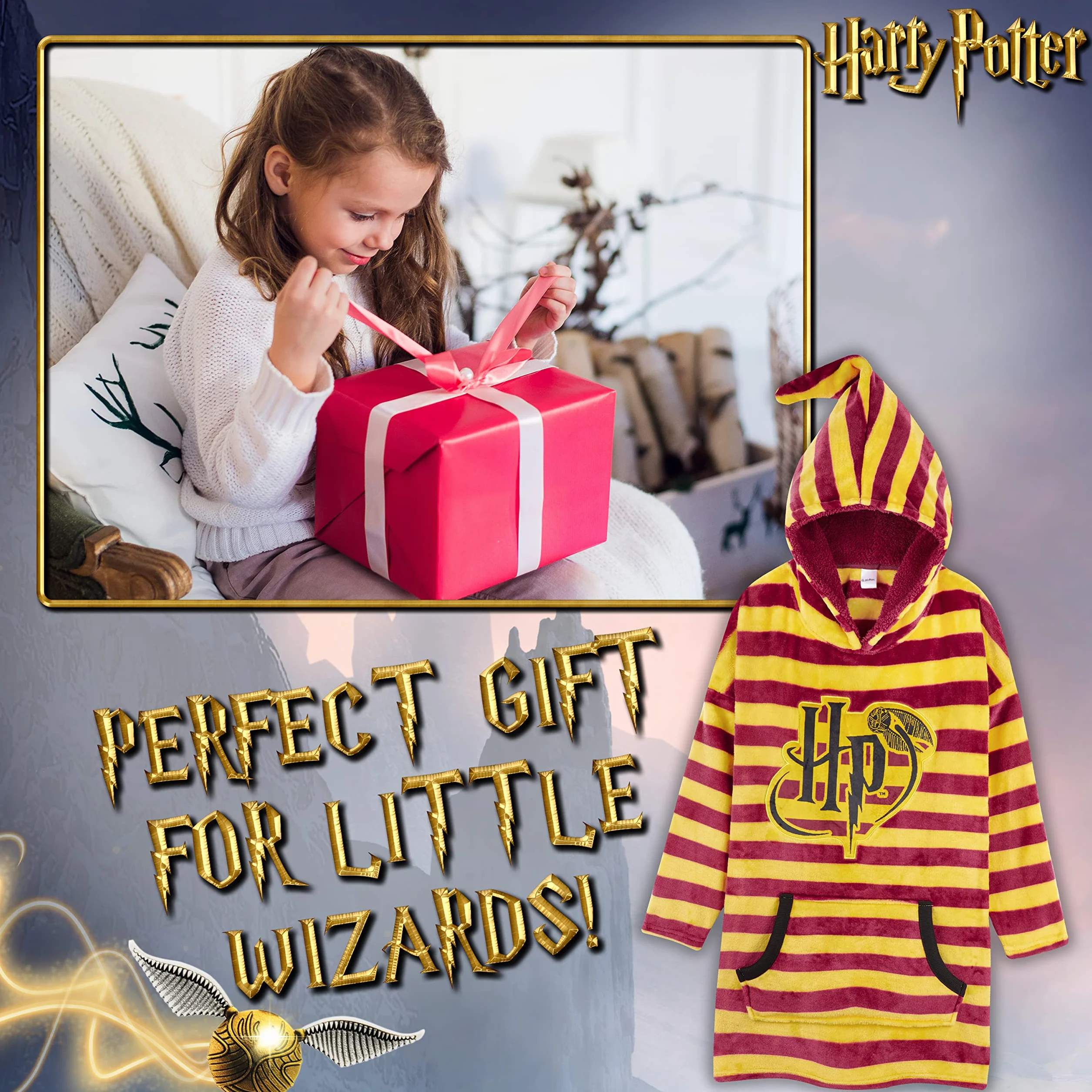 Harry Potter Kinder Hoodie Decke Kapuzenpullover Mädchen und Jungen - Flauschiger Deckenpullover aus Fleece mit Kängurutasche, offiziell lizenziert, warm & bequem