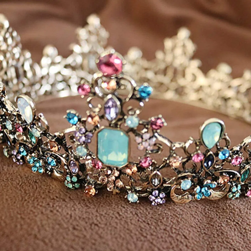 Minkissy große barocke Krone, bunte Strass Kristall Runde Krone Vintage Bronze Legierung Tiara für Hochzeitsfeier Cosplay Geburtstag
