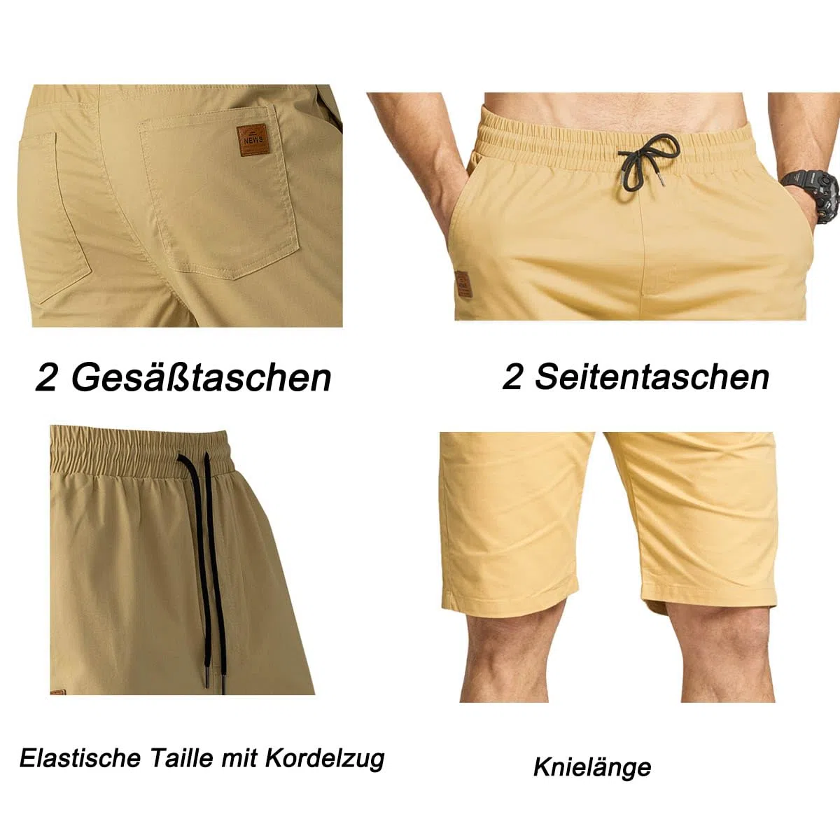 JustSun Kurze Hosen Herren Baumwolle Elastische Taille mit Tunnelzug
