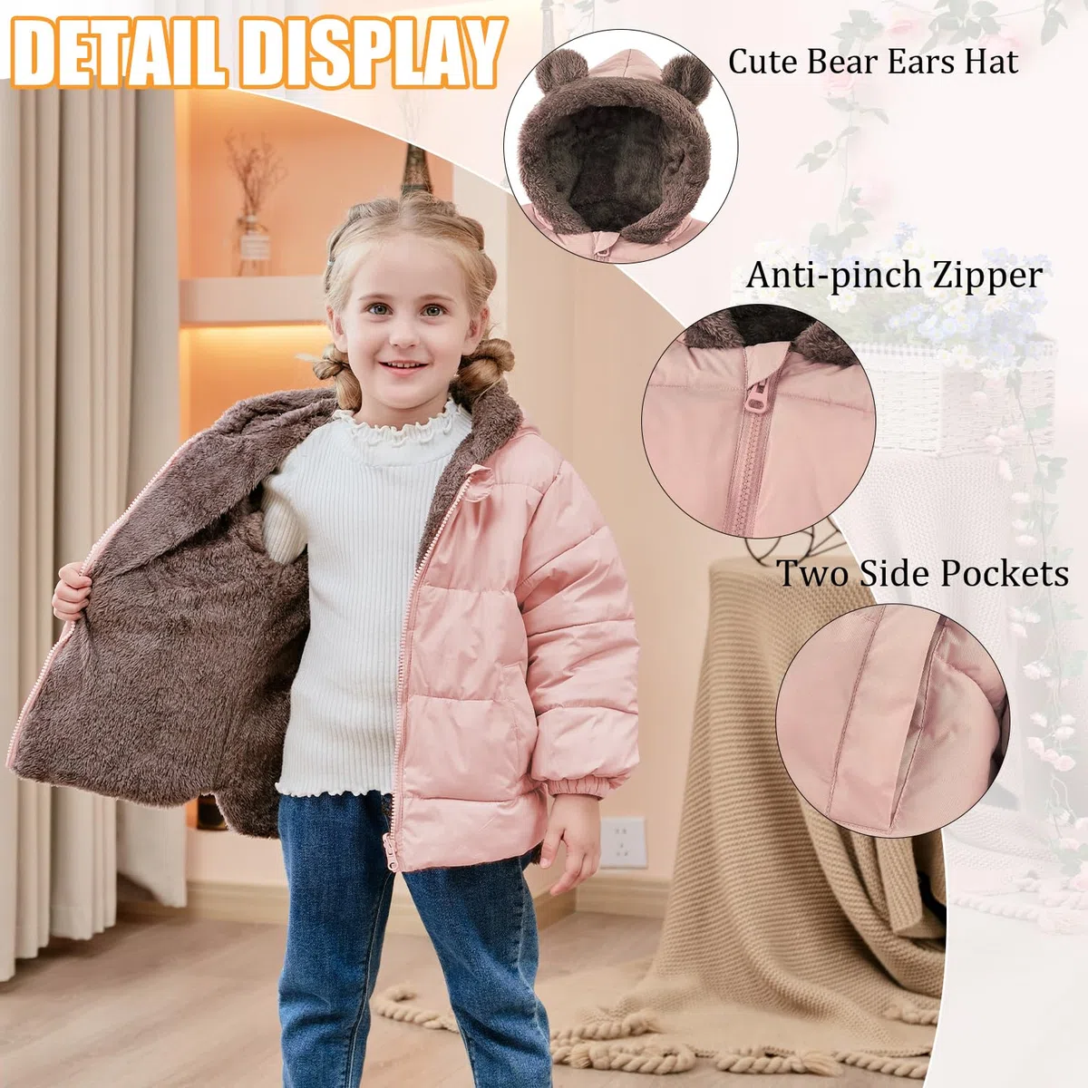 kids4ever Baby Jacke Jungen Mädchen Winter Mantel Niedlich Plüsch Bärenohren Winterjacke Reißverschluss Kapuzenjacke mit Taschen 6 Monate-5 Jahre