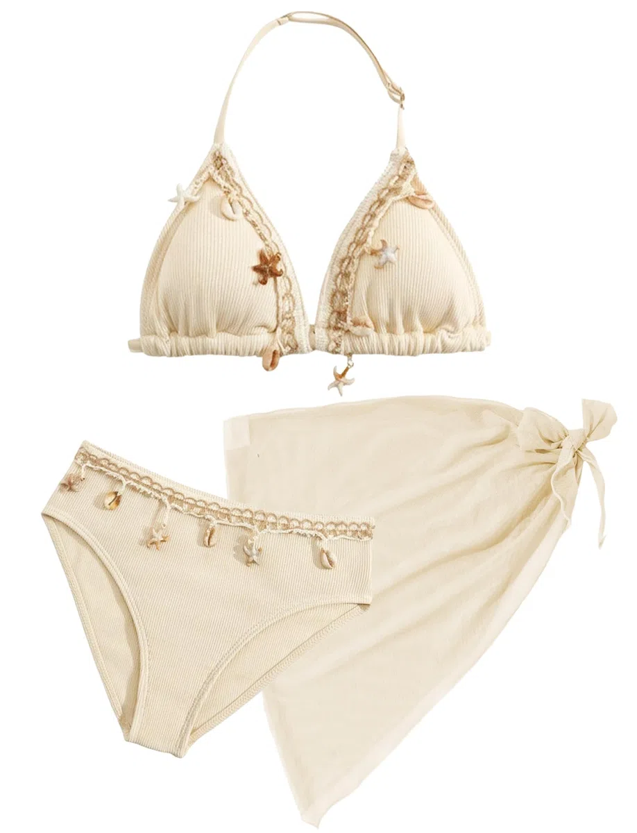 SEAUR Mädchen Bikini Set 3 Teilig Kinder Neckholder Badeanzug mit Rock Modisch Muschel-Deko Bademode Gepolstert Badebekleidung 8-12 Jahre