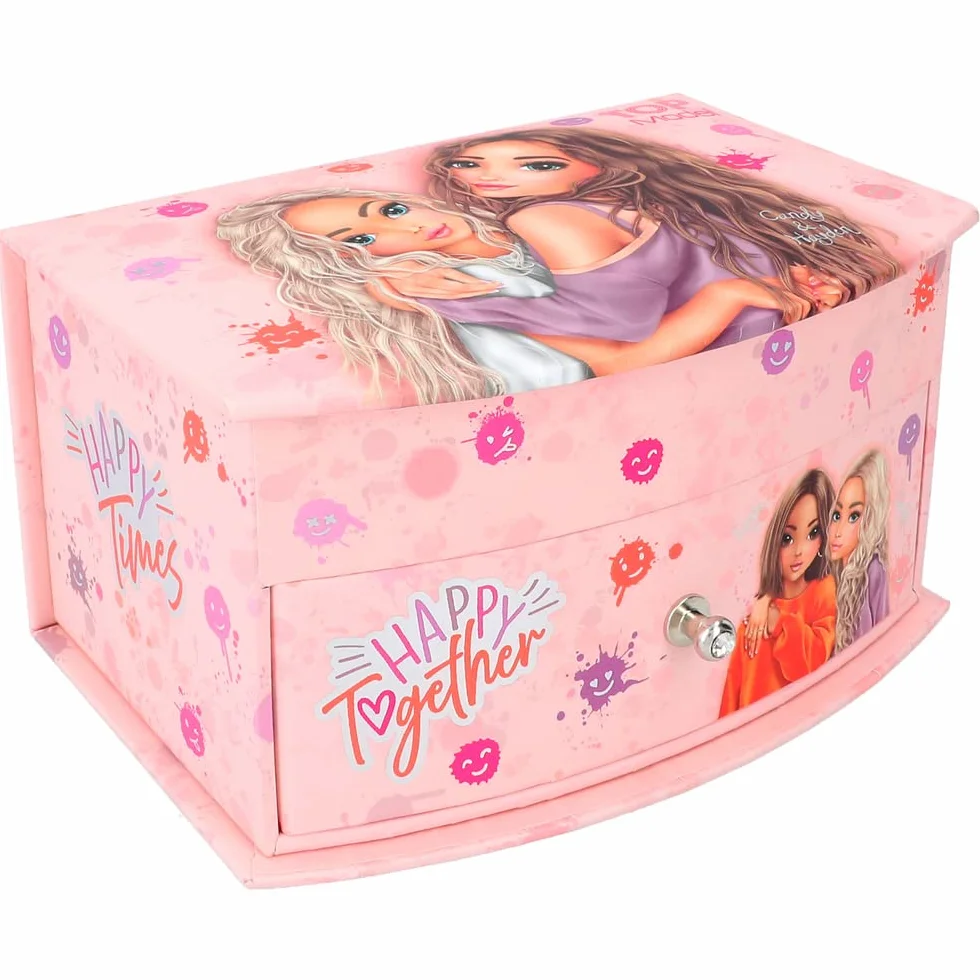 Depesche 12437 TOPModel Happy Together - Kleines Schmuckkästchen in Rosa, mit Smiley-Muster und Model-Motiv, Schmuckbox mit Spiegel und Klappdeckel