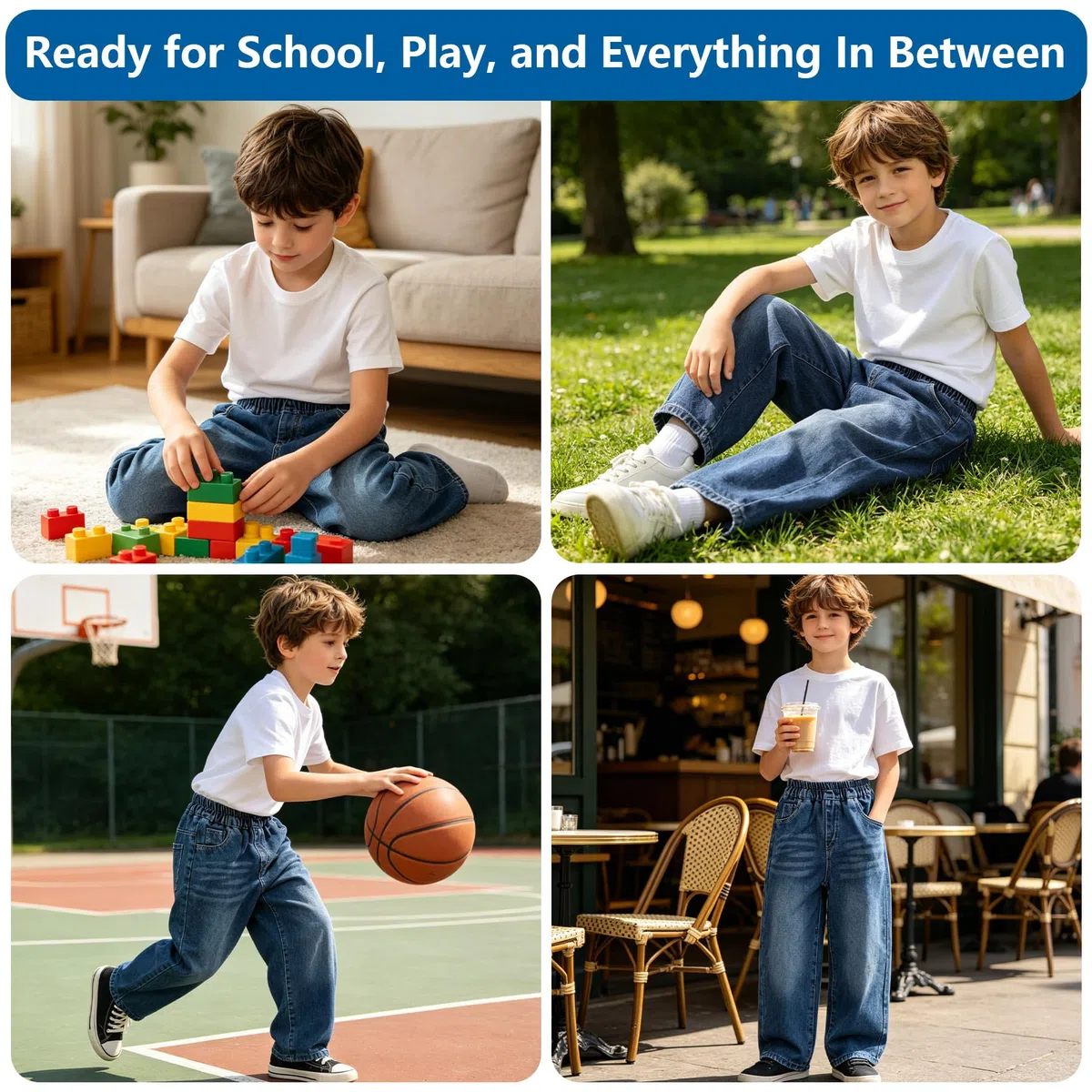 Jeans Jungen Kinder Gerade Baggy Jeanshose Loose Fit Denim mit Elastischem Bund Relaxed Denimhose Lässige Blau Hosen Mode Stretch Breite Streetwear Pants für 5-14 Jahre, Gr.116-164