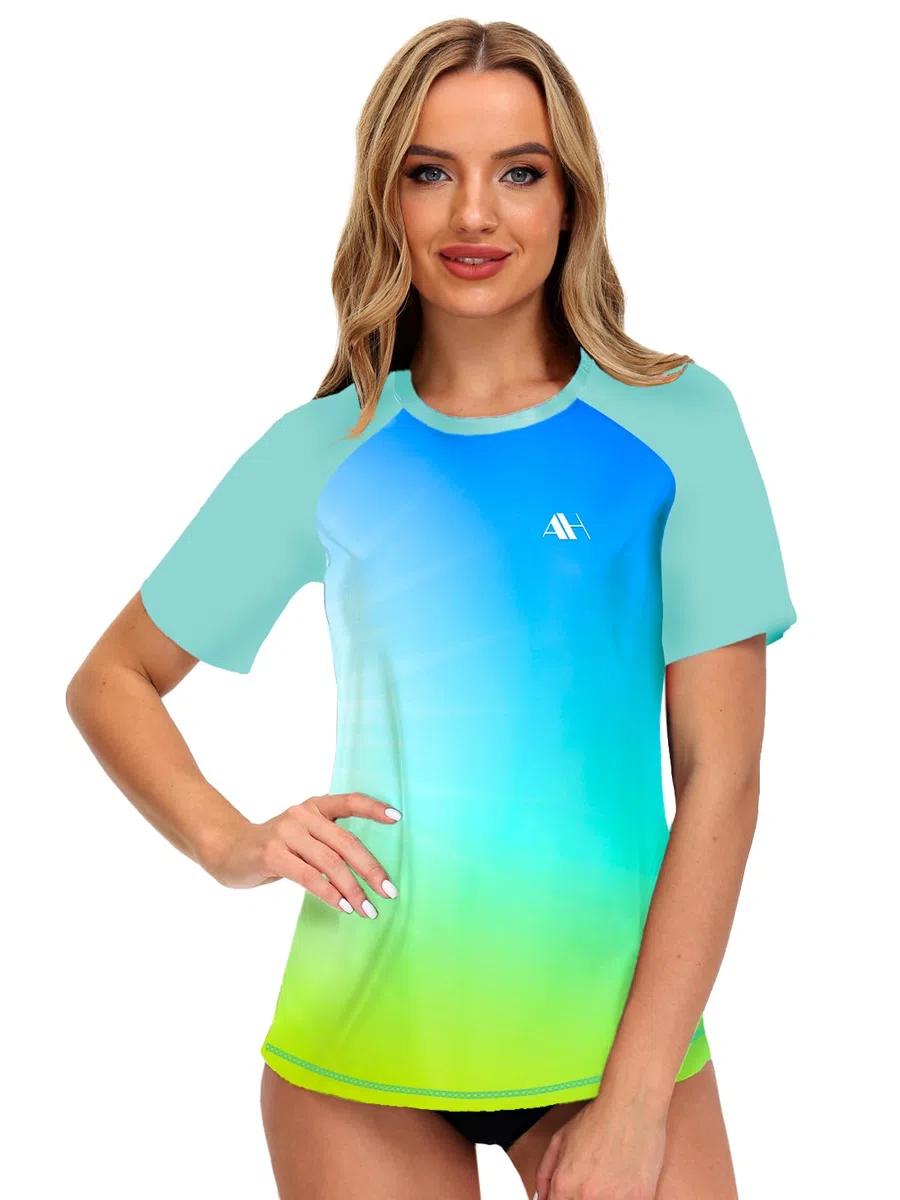 Damen UV Badeshirt Kurzarm Schwimmshirt UPF 50+ Rash Guard Schnelltrocknend Surf Shirt