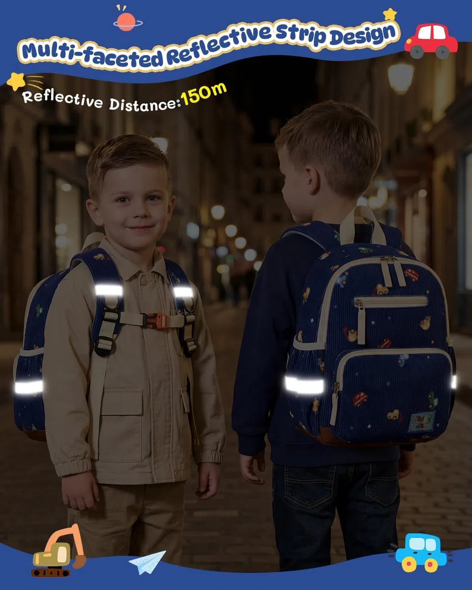PROTAURI Kindergartenrucksack Jungen mit Brustgurt, Rucksack Kinder Reflektierend mit Abwischbarem Boden, Kita Rucksack Vintage Kordsamt Passend für DIN A4 2-6 Jahre, 9.2L, Blau Auto