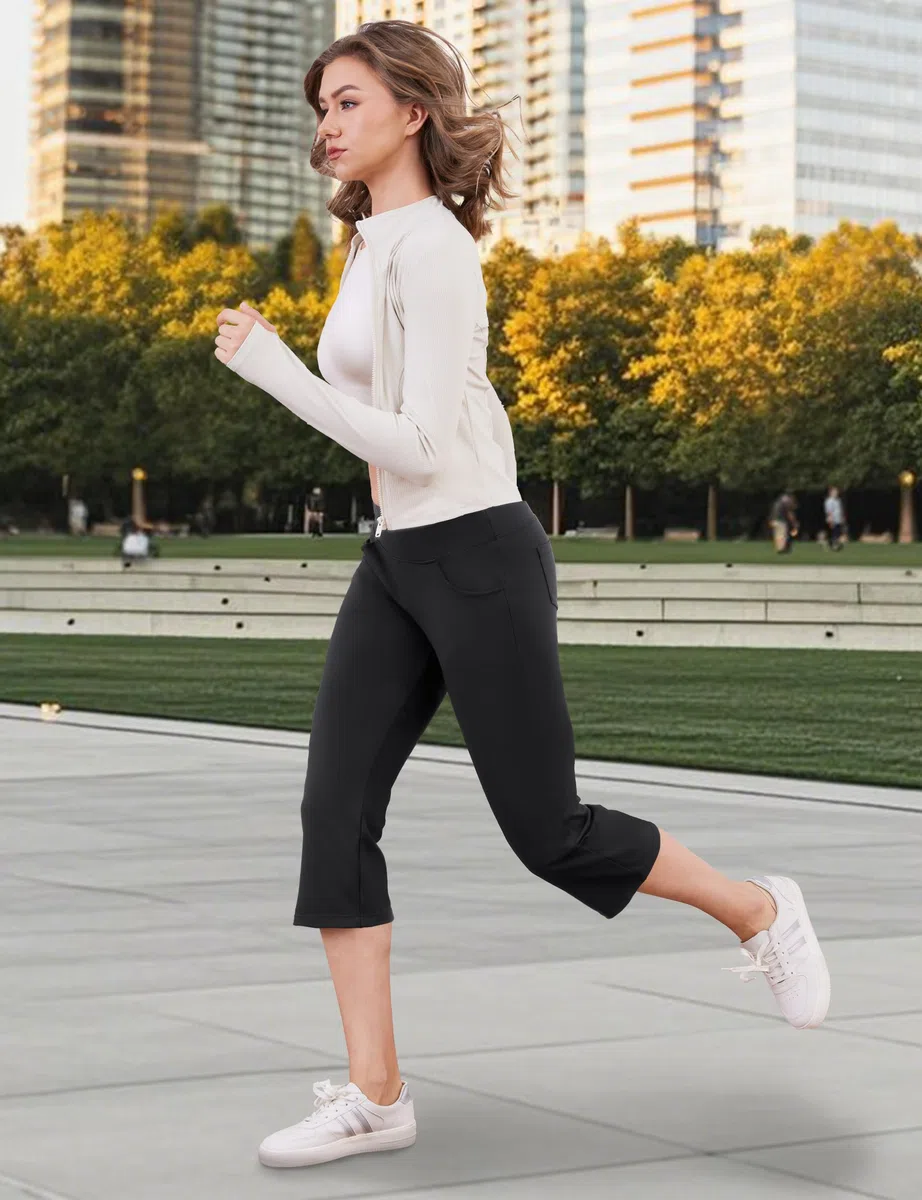MOVE BEYOND Butterweiche Damen Bootcut Yogahose und 3/4-Hosen mit 4 Taschen Bauchkontrolle Workout Bootleg Arbeitshose