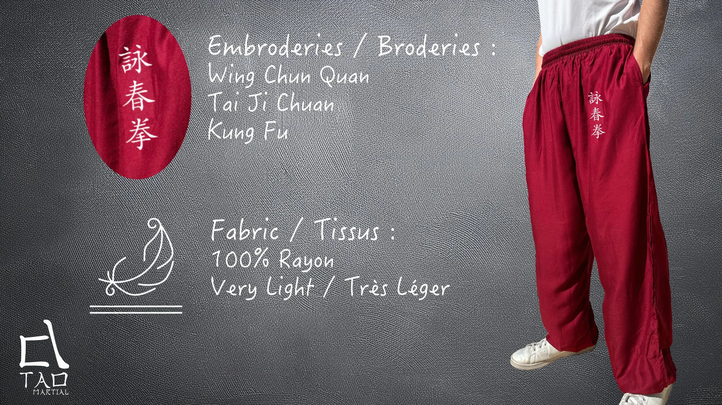 TAO MARTIAL Kung Fu Hose Wing Chun Tai Chi Stil mit Taschen Lose Hose Rayon V3 (KF Schwarz, Größe S)