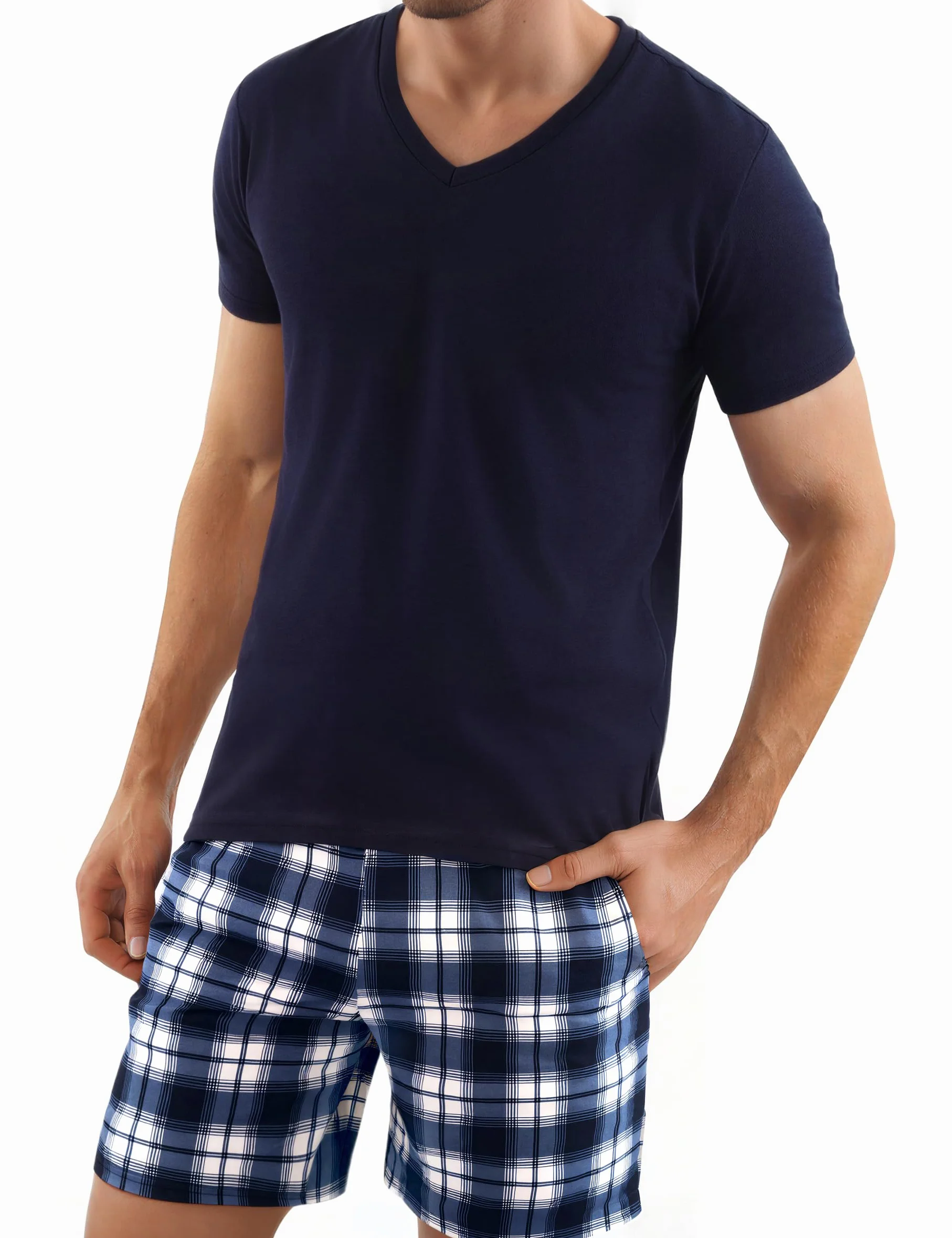 Bresdk Schlafanzug Herren Kurz Pyjama Set Baumwolle Kariert Zweiteilige Nachtwäsche für Herren