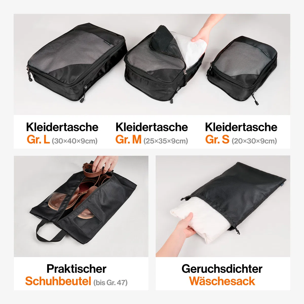TRAVELY Packing Cubes Compression - 5-teiliges Set inkl. Schuhtasche & Wäschebeutel - Packwürfel Kompression als Koffer oder Rucksack Organizer - Packtaschen für Reise, Packbeutel, Kompressionsbeutel