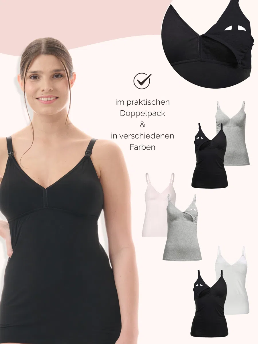 Herzmutter Stilltops Baumwolle OekoTex 100 - einfache Stillfunktion - Stilltop Set 2er - integriertes Bustier-BH mit Clip-Verschlüssen - 5420