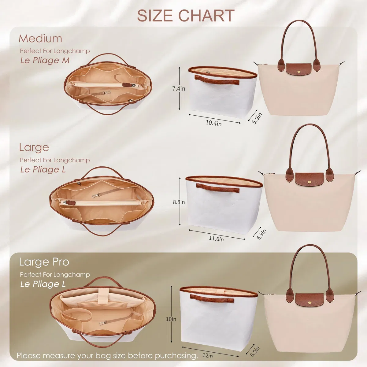 KALIDI Handtaschen Organizer für Longchamp Le Pliage,Taschenorganizer Longchamp Taschen Organizer Wasserdicht mit Multifunktionalen Taschen Großes